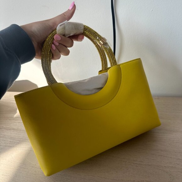 NWT Cult Gaia Nika Crystal Embellished Top Handle Bag In Yellow Leather - Picture 9 of 15